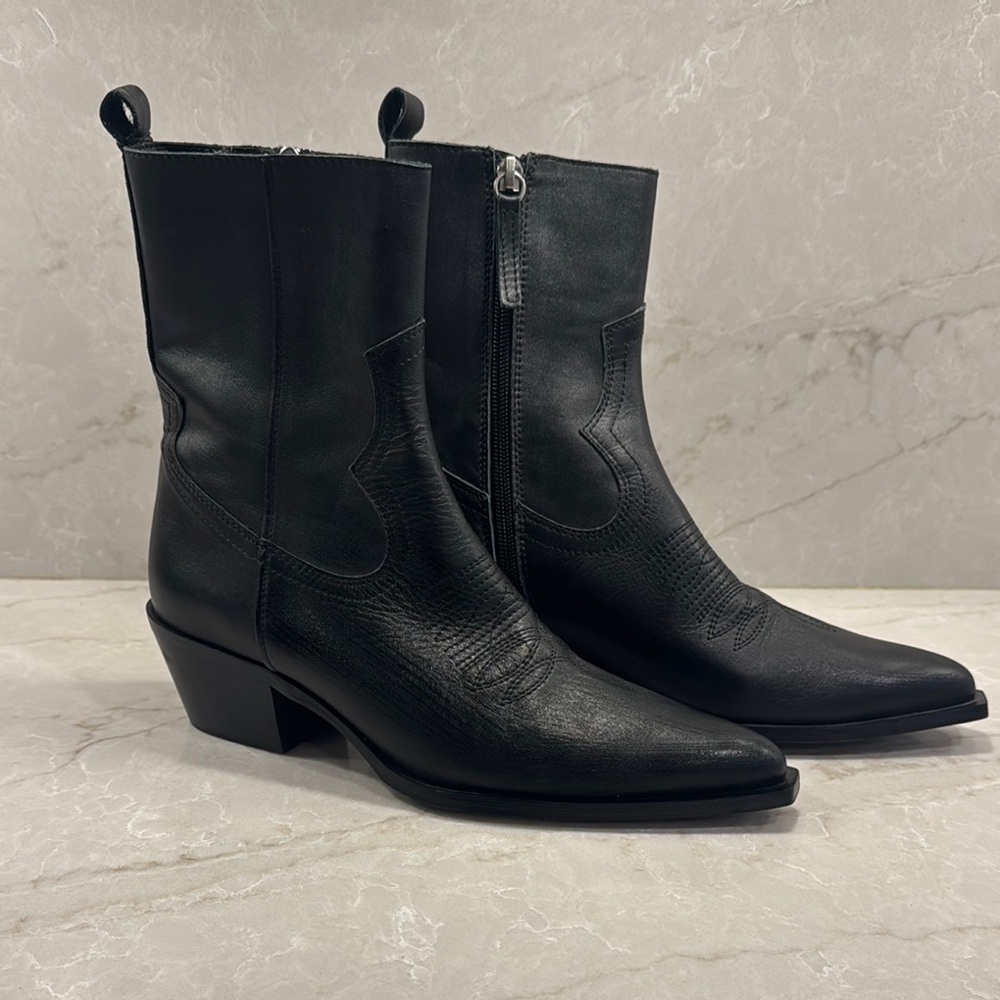 Black Leather Western Ankle Boots